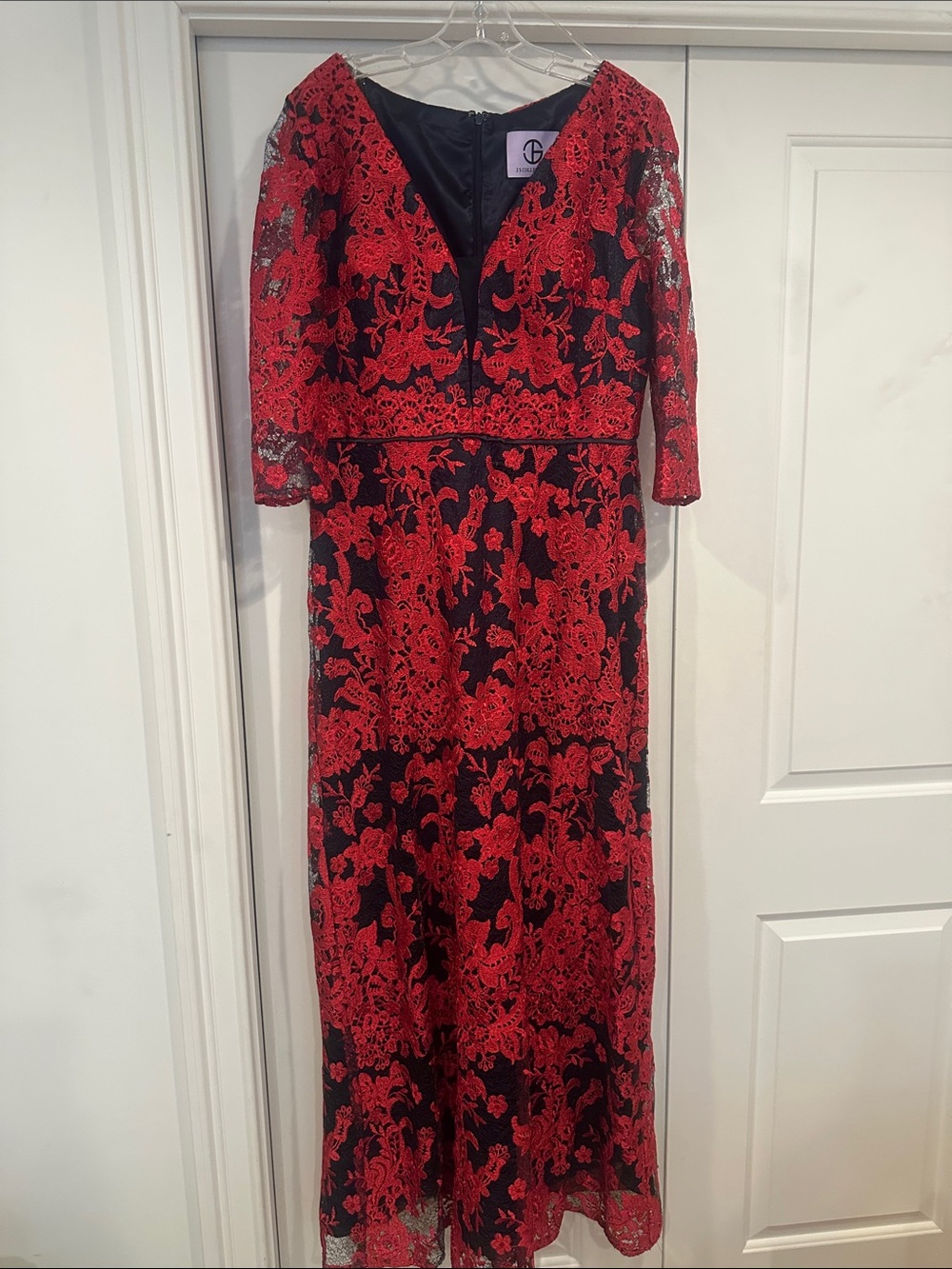 JS Collections Red and Black Lace Long Sleeve Evening Gown